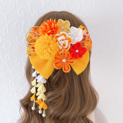 つまみ細工髪飾りセット【黄冠】 成人式　和装　袴　リボンヘアアクセサリー　大きい kaz6023tw-3203_m1.jpg