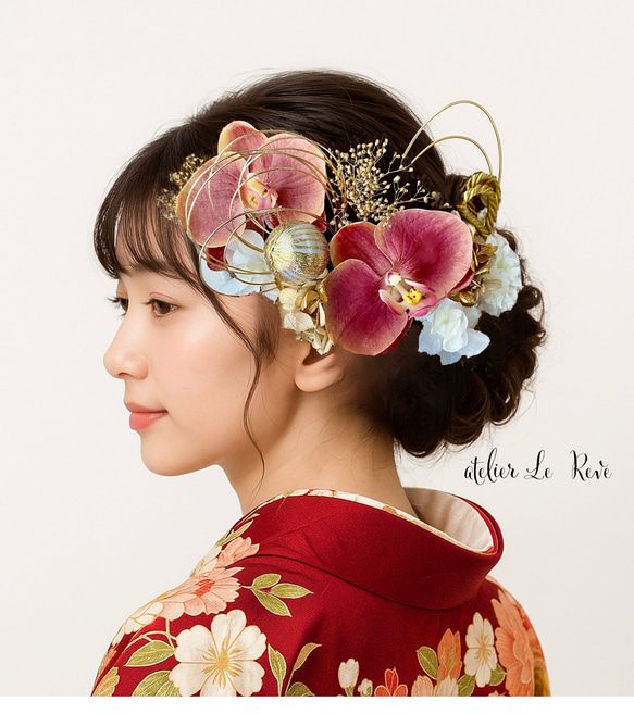 レッド赤&ホワイト白&ゴールド〜和装花髪飾り〜結婚式 成人式 色打掛