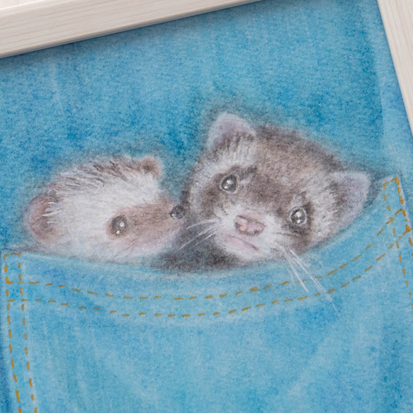 【複製画】「ポケットの中のハリネズミとフェレット」　パステルアート　動物　かわいい　イラスト　デニム　ジーンズ 5枚目の画像