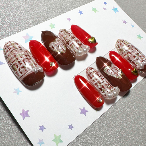 【No.045】バレンタインネイルチップ♡ハート♡赤ネイル♡ブラウン♡チョコ BLANCHE☆ハートバレンタインネイル ネイルチップ（つけ爪