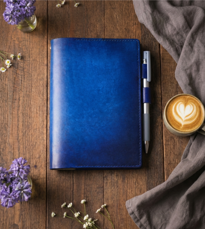 【深海ブルー】手帳カバー／手染めレザー・ブックカバー（A6〜A4対応）青