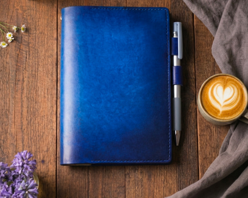 深海ブルー】手帳カバー／手染めレザー・ブックカバー（A6〜A4対応）青