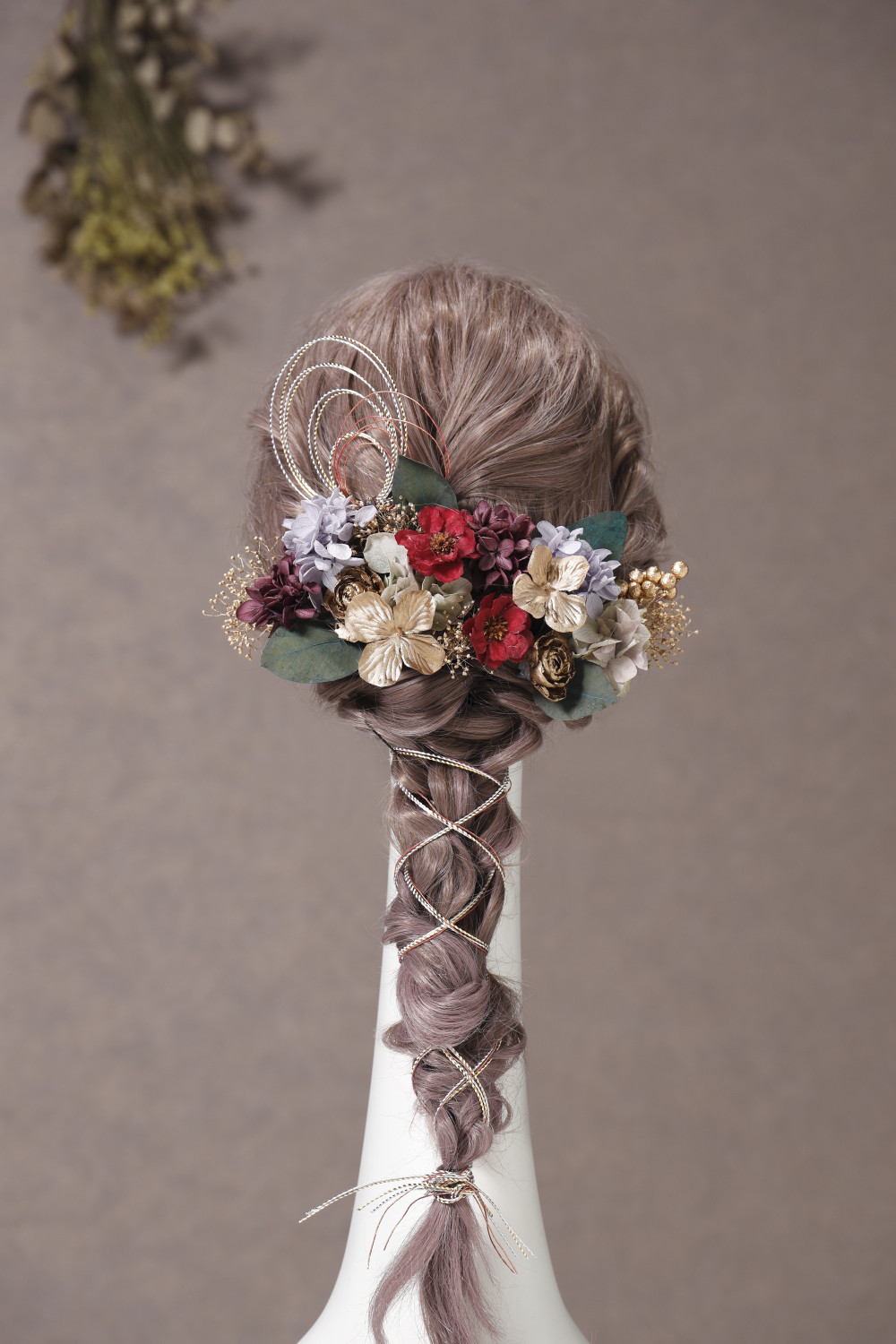 アネモネ髪飾り　パープル　振袖　成人式　袴　白無垢　色打掛　金箔　水引　髪飾り　ドライフラワー