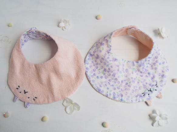 名入れ可♪リバーシブルベビースタイ 猫ちゃんピンク スタイ