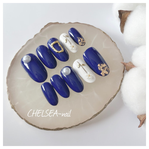 ネイビー×パールお花ネイル ネイルチップ（つけ爪） CHELSEA-nail 通販