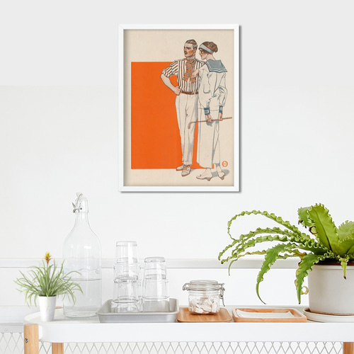 アートポスター　コレクション　印刷物　k NO.16】ゴルフウェアの男女アートポスター☆オレンジ色ヴィンテージ