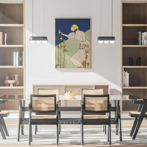 NO.21】花を観察する女性と本アートポスター☆アンティーク