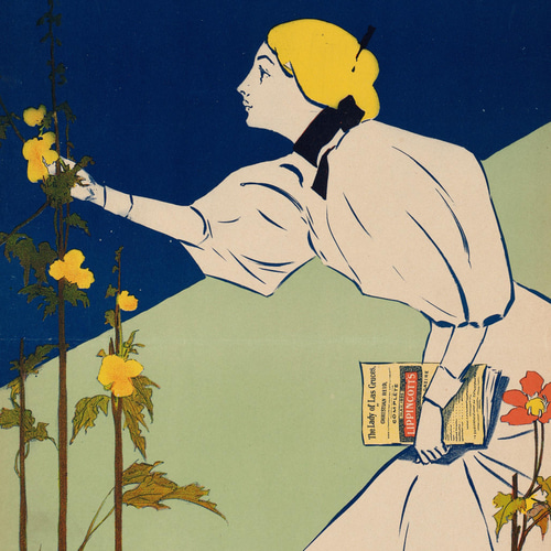 NO.21】花を観察する女性と本アートポスター☆アンティーク