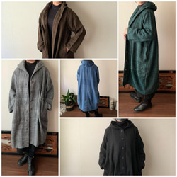 フード風襟の手織り綿バルーンコート　この秋冬、嵐山のお店で一番人気で裾切り替えもキュートなコート　緑絣 12枚目の画像