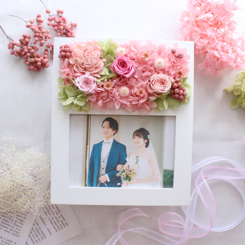 Hawaiian フォトフレーム ピンク ♡ ① 結婚祝いに永遠の花で彩るフォトフレーム 写真立て ピンク