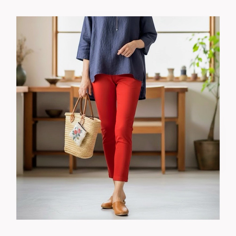 華やぎレッド 美脚ストレッチ スキニーストレートパンツ 大人女性のための快適ロング 7～13号対応 通年OK 再販４回