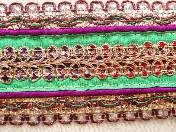 80cmカット スパンコールチロリアンテープ 緑紫☆手芸 エスニック ハンドメイド 民族衣装 インド サリー 10枚目の画像