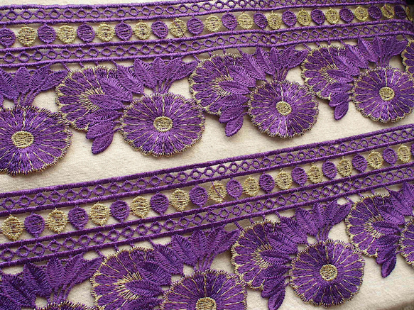 0.5m〜 超ワイド幅 花 レース ゴールド 紫☆ ケミカルレース ブレード
