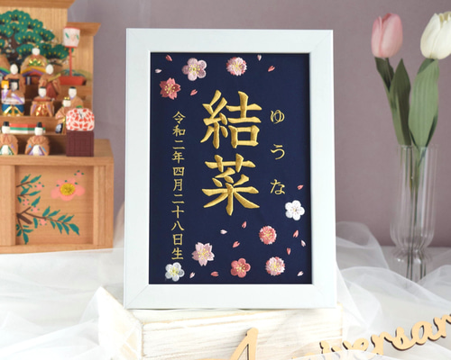 【使い勝手の良い】 刺繍命名ボード《桜と梅 / ネイビー》 A5サイズ 命名書 名前旗 アルバム