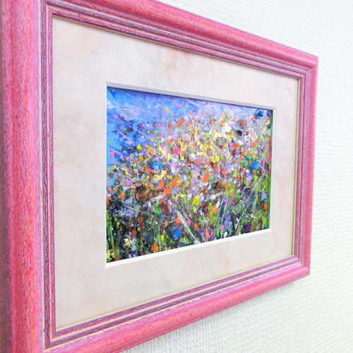 陽だまり」天然石のお花畑 純金箔 純銀箔 A5額 絵ハガキサイズ