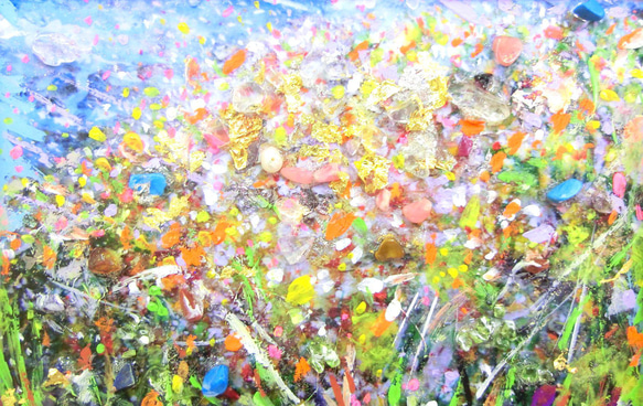 「陽だまり」天然石のお花畑  純金箔 純銀箔 A5額 絵ハガキサイズ  ピンク額 パワーアート 4枚目の画像