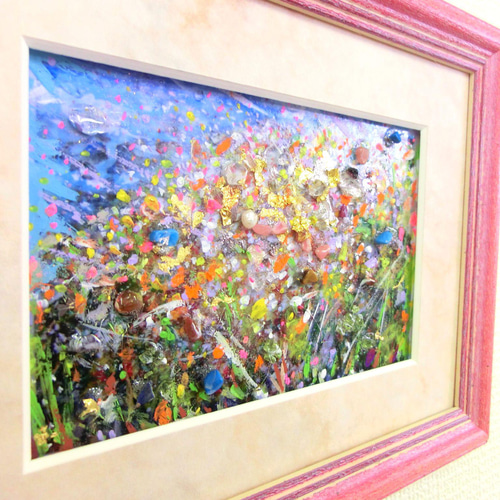 陽だまり」天然石のお花畑 純金箔 純銀箔 A5額 絵ハガキサイズ