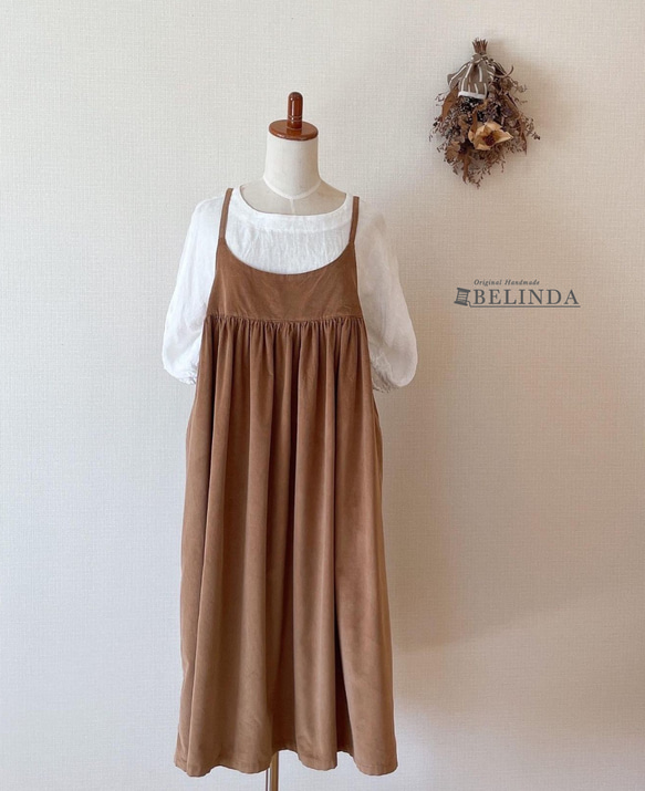 秋冬限定】フレンチコーデュロイ・切替ギャザーワンピース・ゴールド  