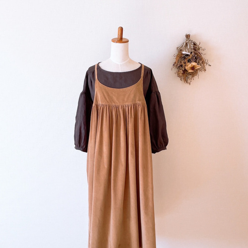 秋冬限定】フレンチコーデュロイ・切替ギャザーワンピース・ゴールド