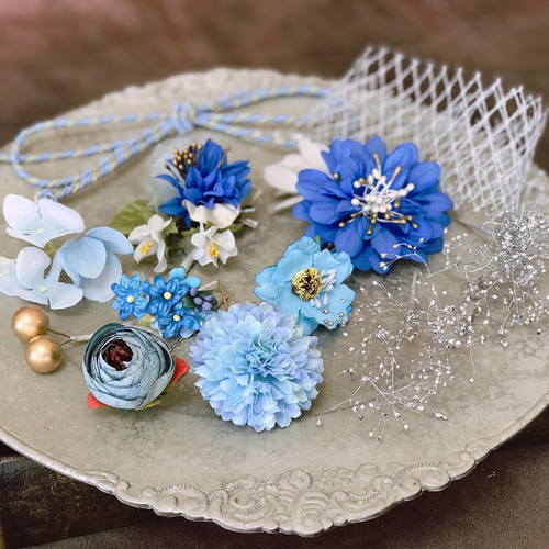 髪飾り 結婚式 成人式 卒業式 青 紐 フラワー レース ヘッドドレス
