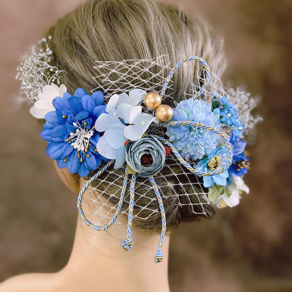 髪飾り 結婚式 成人式 卒業式 青 紐 フラワー レース ヘッドドレス