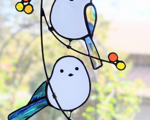 ステンドグラス シマエナガ小鳥 サンキャッチャー 風がらす 通販