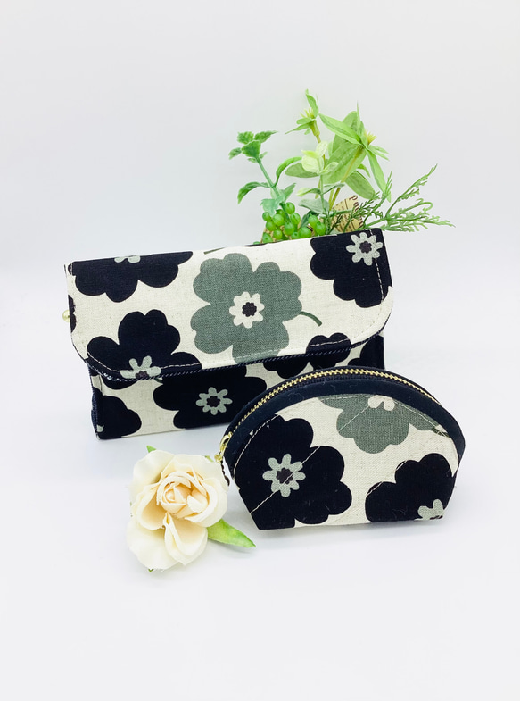 【再販】全7カラー※ミニ財布⭐︎北欧風の花柄&デニム（ブラック） 10枚目の画像
