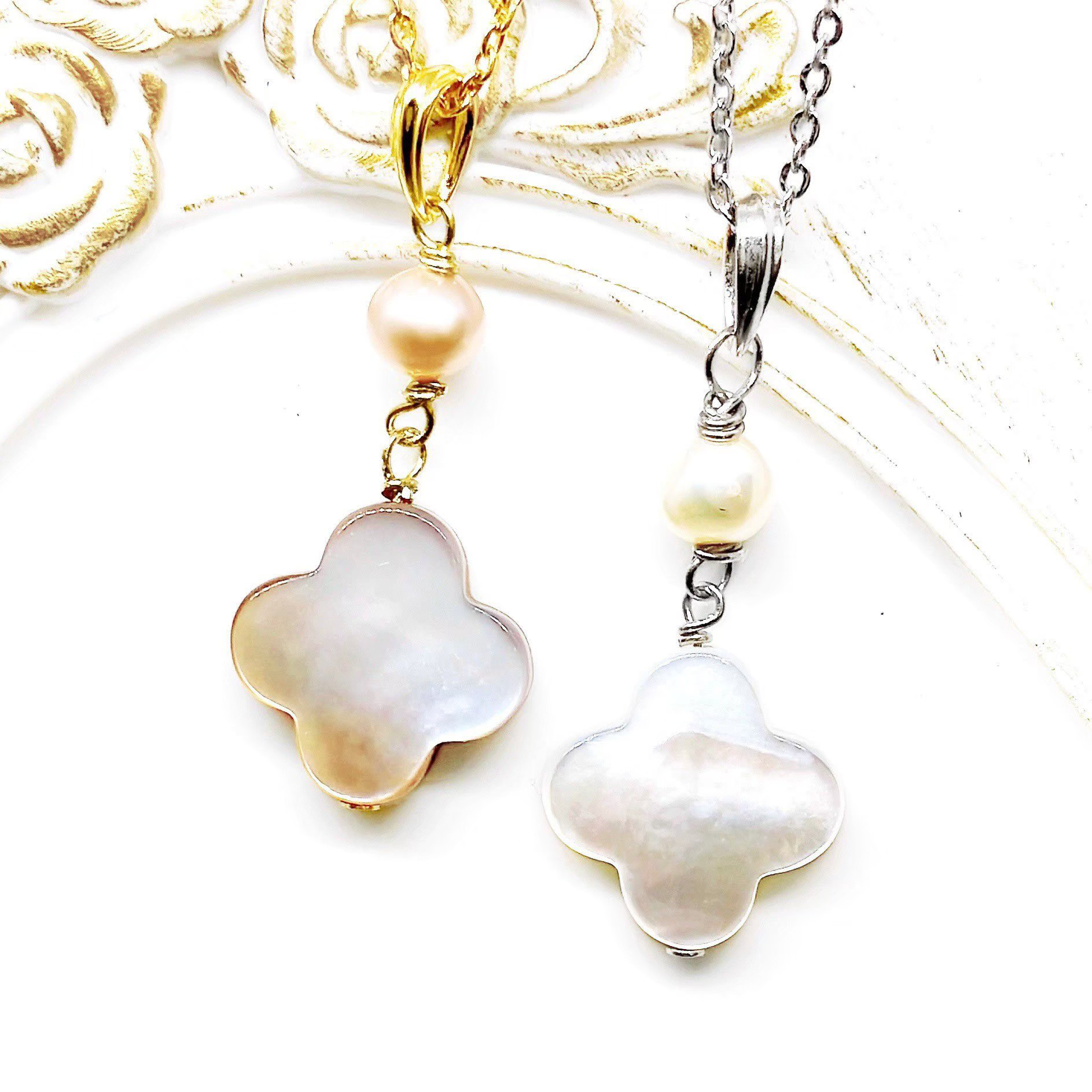 クローバーシェル ペンダントネックレス sv925 ブラウン ホワイト チョコ 虹 淡水パール 真珠 ゴールド 白 茶色