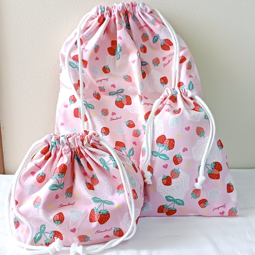 いちご×ニュアンスピンク♡入園入学6点セット 女の子 - 手提げ