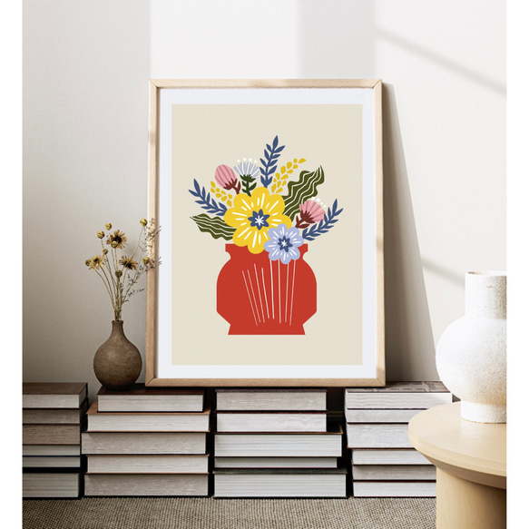 北欧 風 インテリア アート ポスター【 花瓶に花を。】レッド :/024