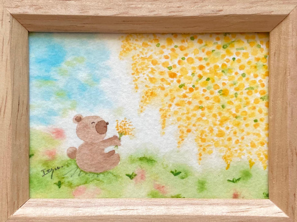 「くまさん、ミモザのお花見」水彩画イラスト　ミニ額　春　入園入学　プチギフト  クマ 4枚目の画像