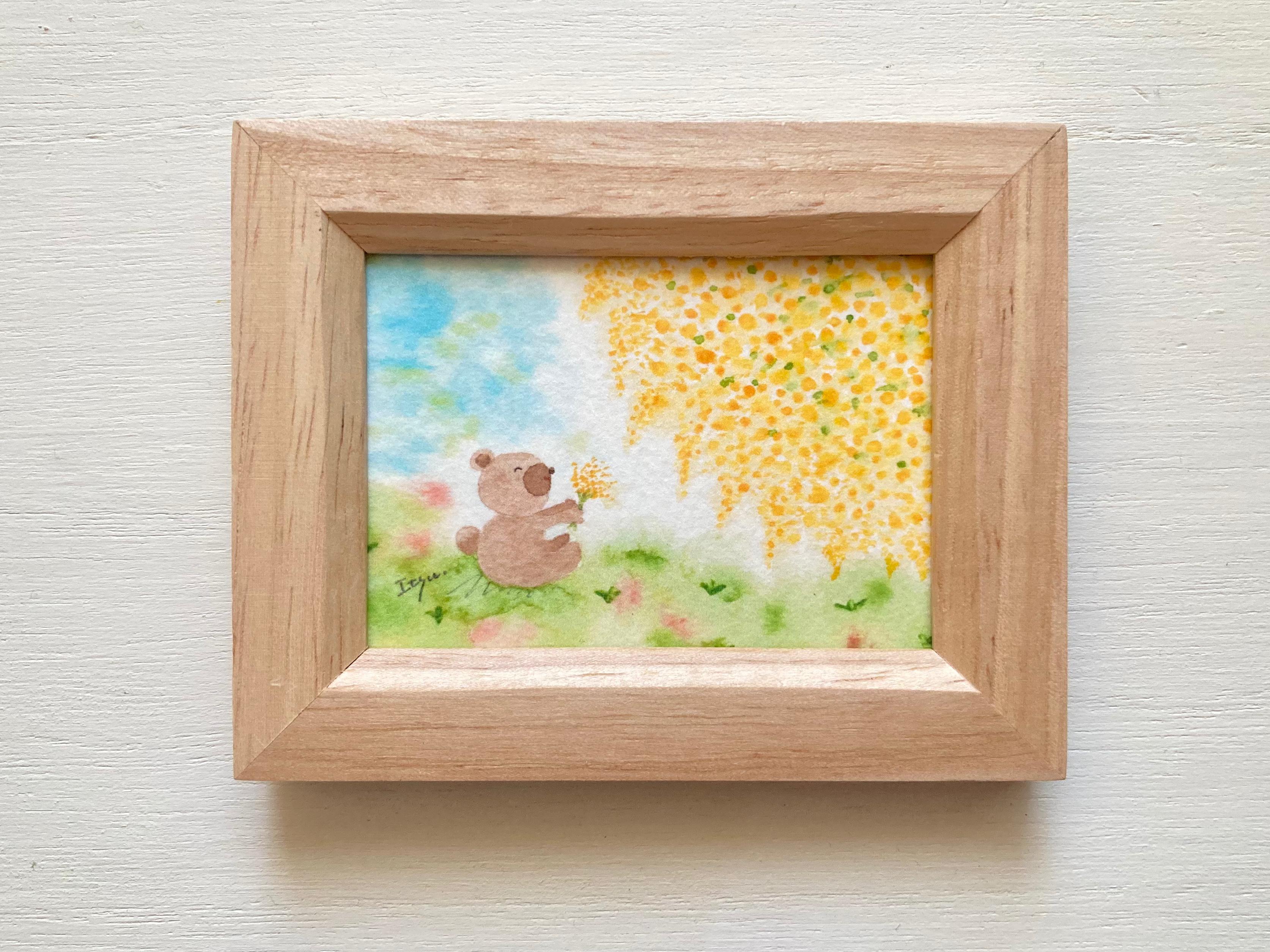 くまさん、ミモザのお花見」水彩画イラスト ミニ額 春 入園入学