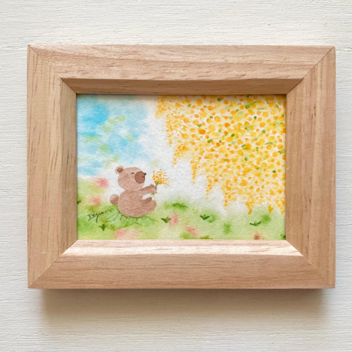 くまさん、ミモザのお花見」水彩画イラスト ミニ額 春 入園入学