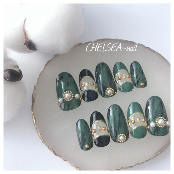 エスニックマーブルネイル(ブラック×ダークグリーン) ネイルチップ