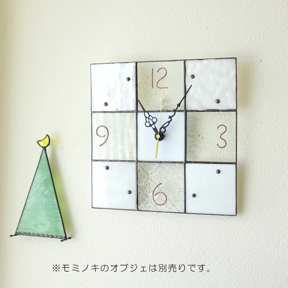24㎝角:ステンドグラスの掛時計・モザイク24（クリア・ホワイト・パール系）イメージは宝石箱※受注制作 4枚目の画像