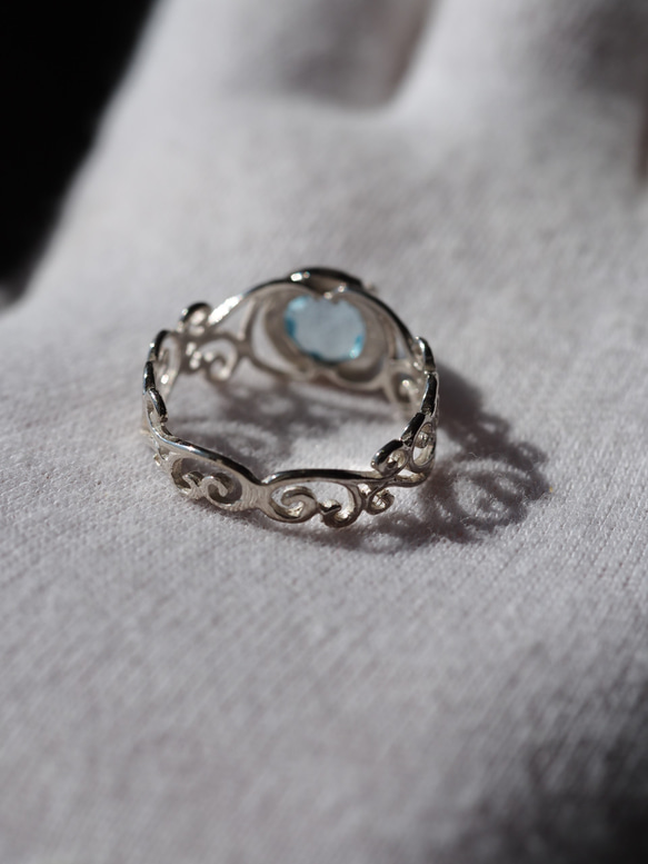 Blue Topaz ８MM FacetedHalf Ball　S925 JBB透かしデザインリング(固定サイズ） 6枚目の画像