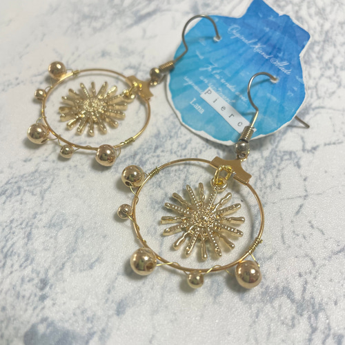 サイズ変わって再販 ハンドメイド 太陽 フープ ゴールド フックピアス 