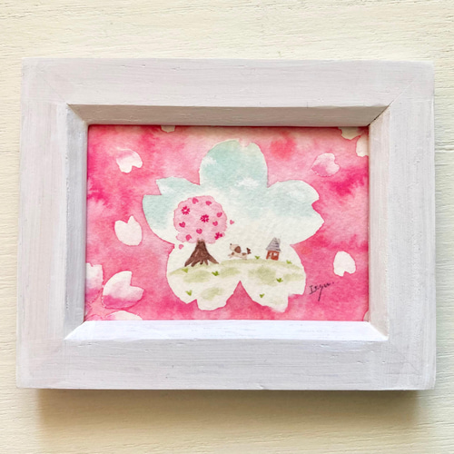 水彩画 春 オリジナル 額入り 桜さくら」水彩画イラスト ミニ額 入園入学 入学式 プチギフト 春 犬