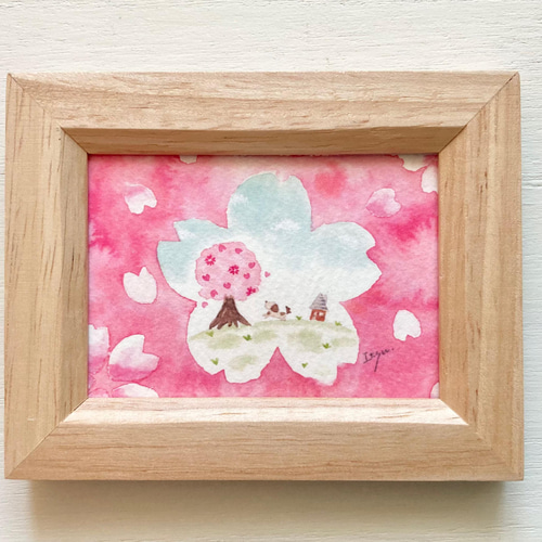 桜さくら」水彩画イラスト ミニ額 入園入学 入学式 プチギフト 春 犬