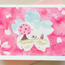 透明水彩画　2枚セット「桜さくら」イラスト　ミニカード　入学祝い　入園入学　入学式　サクラ　犬　春 2枚目の画像