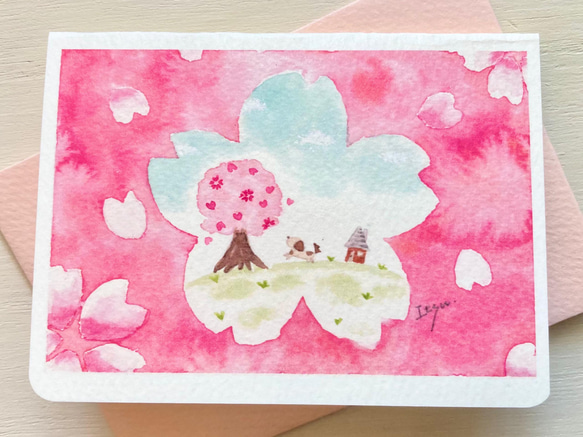 透明水彩画　2枚セット「桜さくら」イラスト　ミニカード　入学祝い　入園入学　入学式　サクラ　犬　春 2枚目の画像