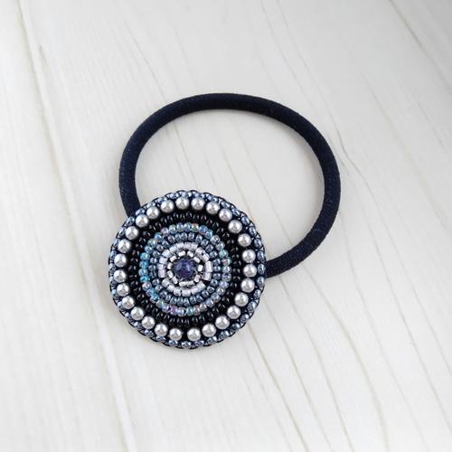 ビーズ刺繍◇ヘアゴム ＃017ブラック×ガンメタル ヘアゴム isoa/イソア 