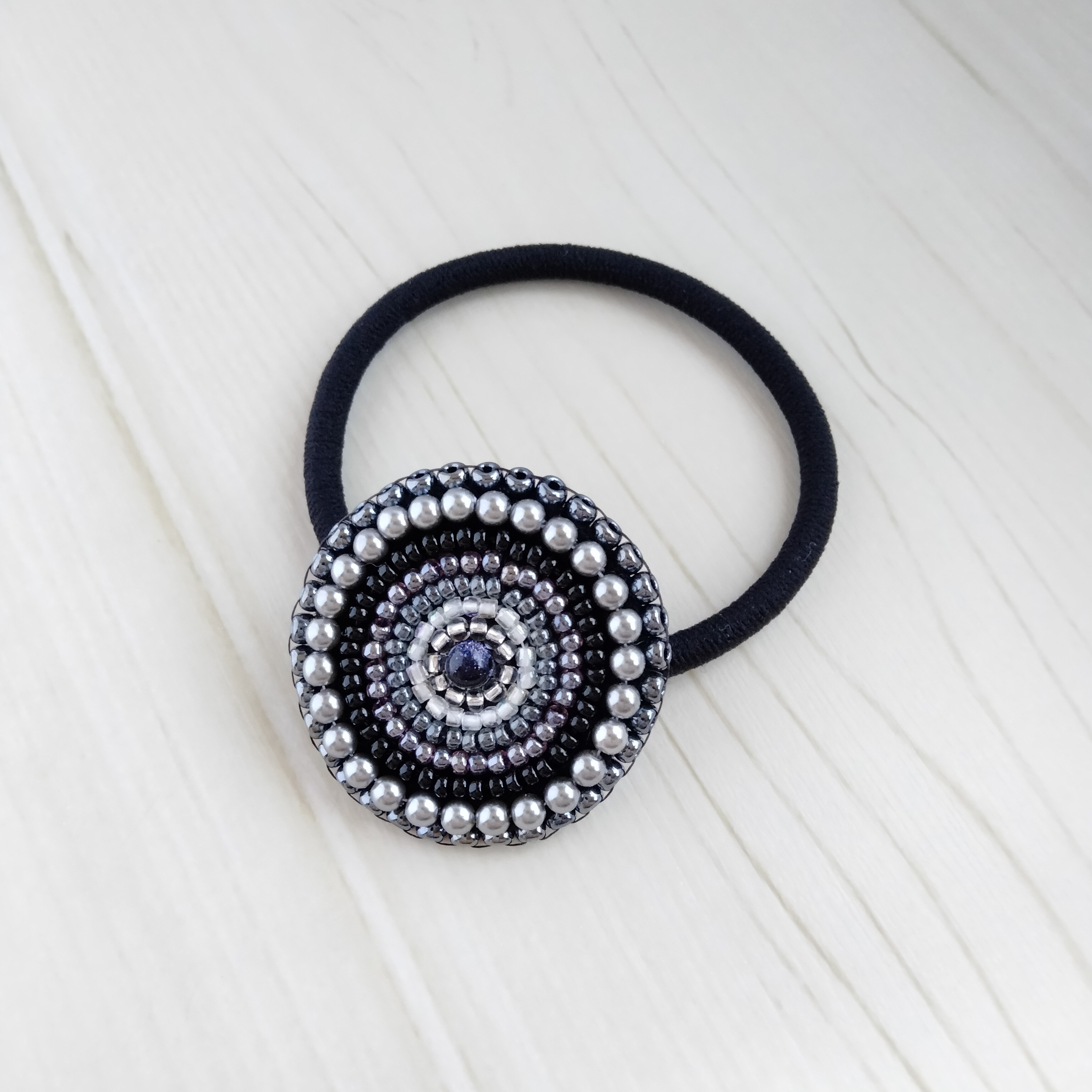 ビーズ刺繍◇ヘアゴム ＃018ブラック×ガンメタル ヘアゴム isoa