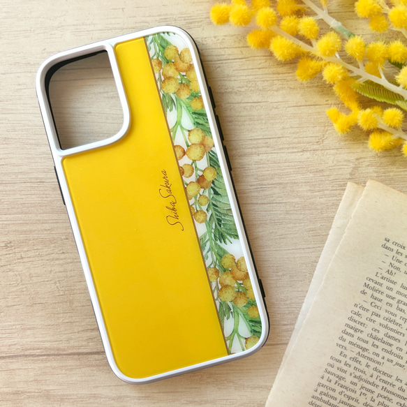 ミモザのガラススマホケース（イエロー） iphone17 iphone16e Android