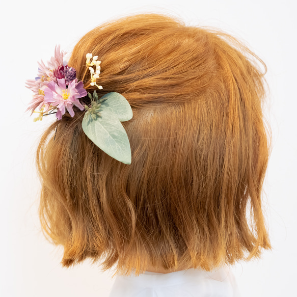 【 ショートボブ・ボブのお呼ばれヘア髪飾りE】ドライフラワー風アーティフィシャルフラワー（ガーベラ）のヘッドドレス 3枚目の画像