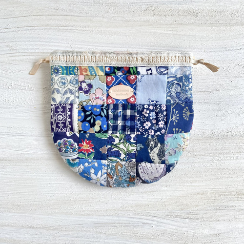 はぎれを愛でる》パッチワークの巾着 ブルー系 巾着袋 morinomori 雑貨