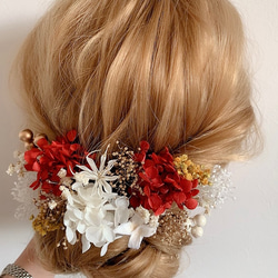 ドライフラワー髪飾り　gold × red   ゴールドベリー&アジサイ　　ヘッドドレス  卒業式　前撮り　成人式　 4枚目の画像