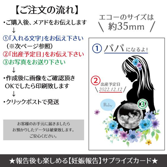 【サプライズ】妊娠報告カード/封筒付き(エコー写真印刷タイプ) col.ブルー:ロングヘア 3枚目の画像
