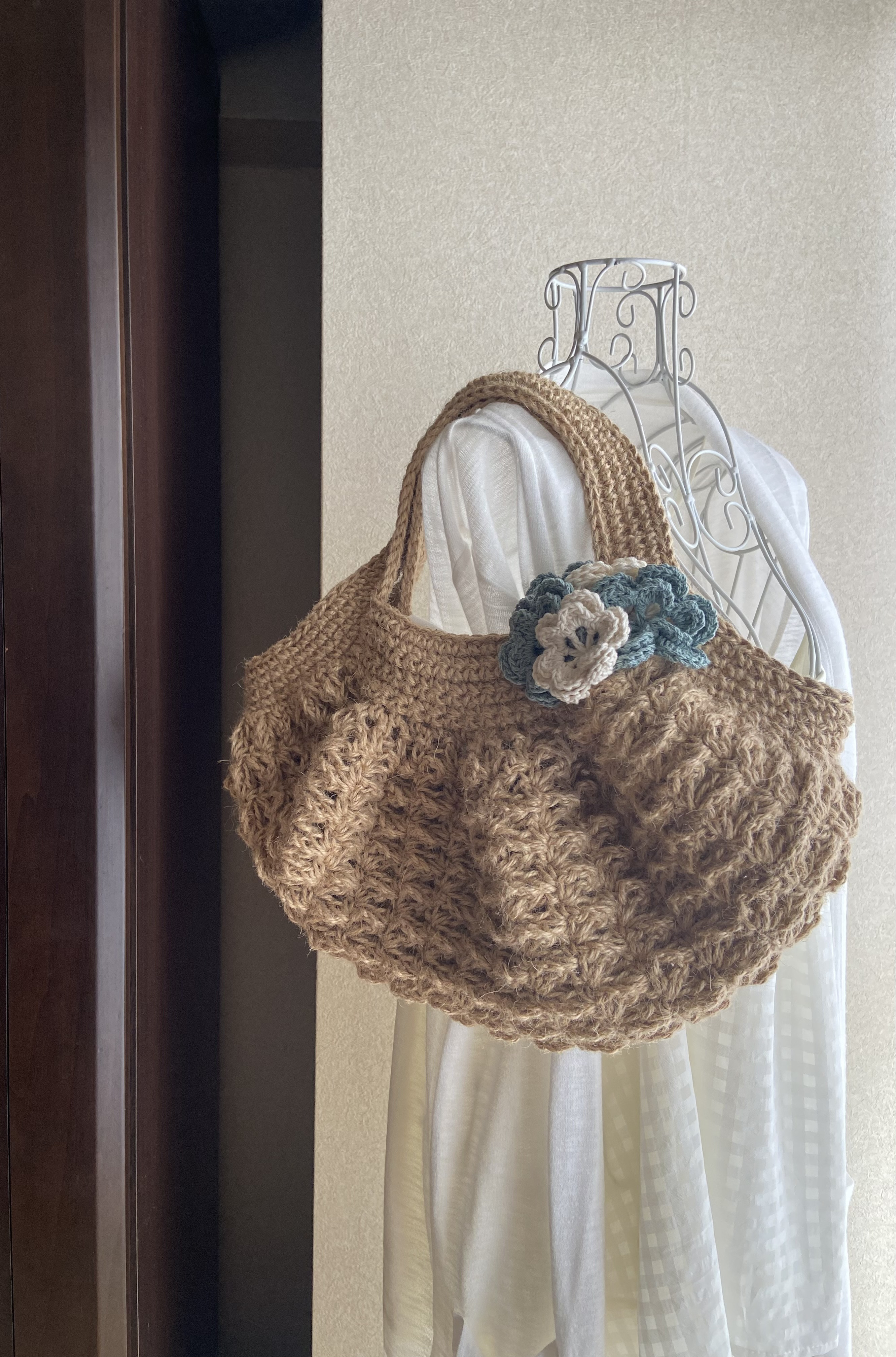 ＊受注制作＊限定色Lsize＊お花いっぱいころんっと可愛いグラニーバッグ＊カゴバック＊麻ひもバッグ＊麻紐＊