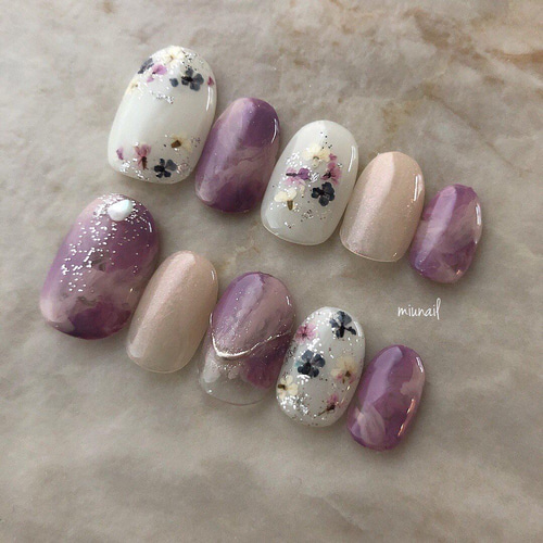 209］くすみカラーの押し花ネイル/ドライフラワーネイル/ニュアンス  